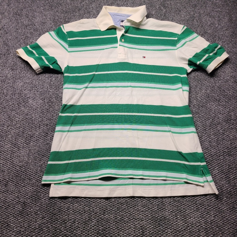 Tommy Hilfiger Polo Shirt Mens M Green White Striped Cotton Performance Y2K